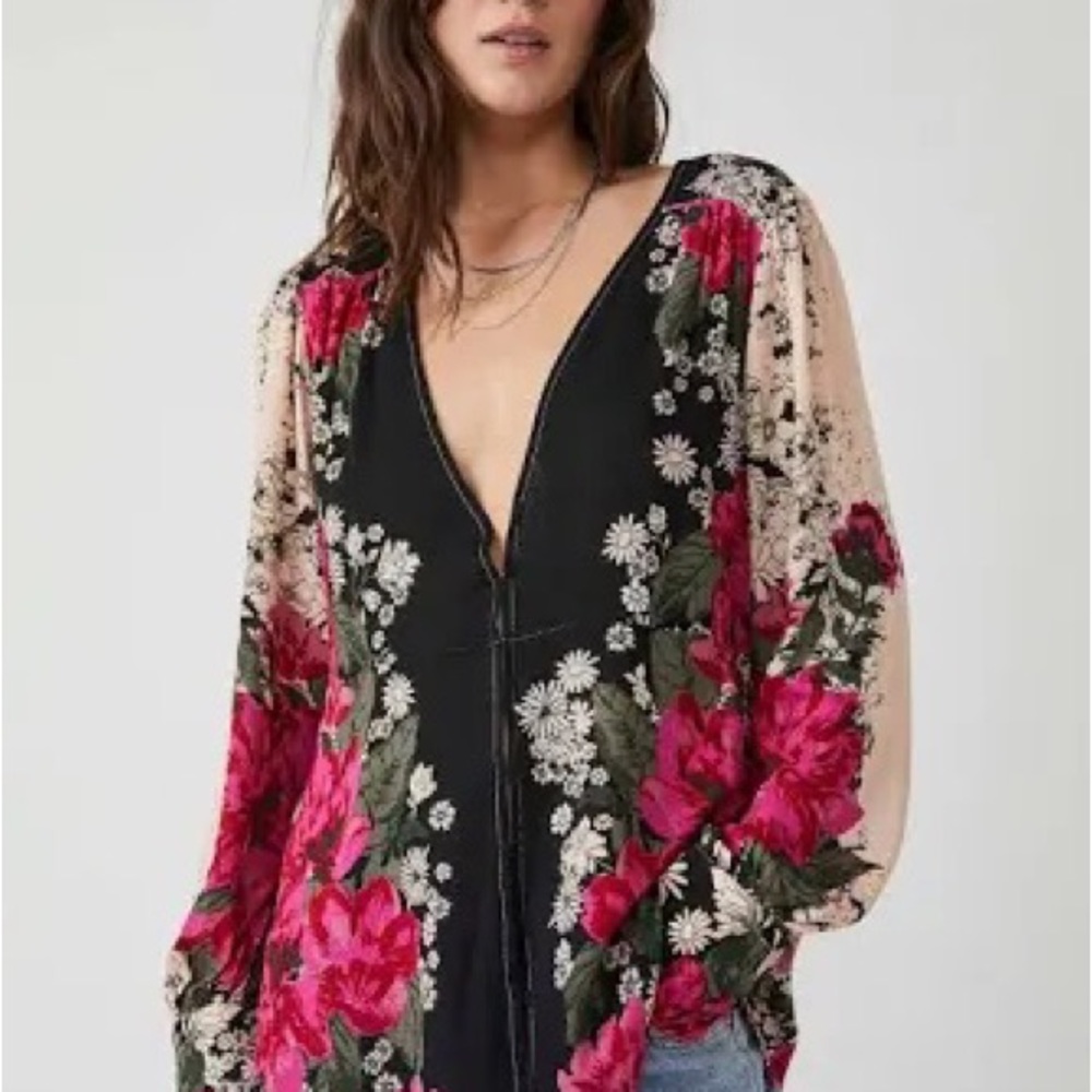 NWT FREE PEOPLE Mikayla Floral Blouse Top Twilight Combo New Boho XL Pink Black